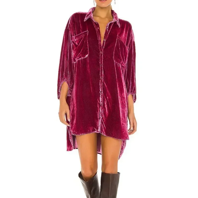 Осенняя свободная бархатная длинная рубашка с рукавами-фонариками модные