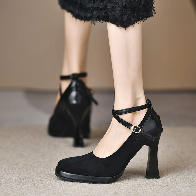 

New Women Dress Shoes Thin High Heels Mary Janes Shoe French Cow Suede Leather Ankle Strap Elegant Office Career Pumps