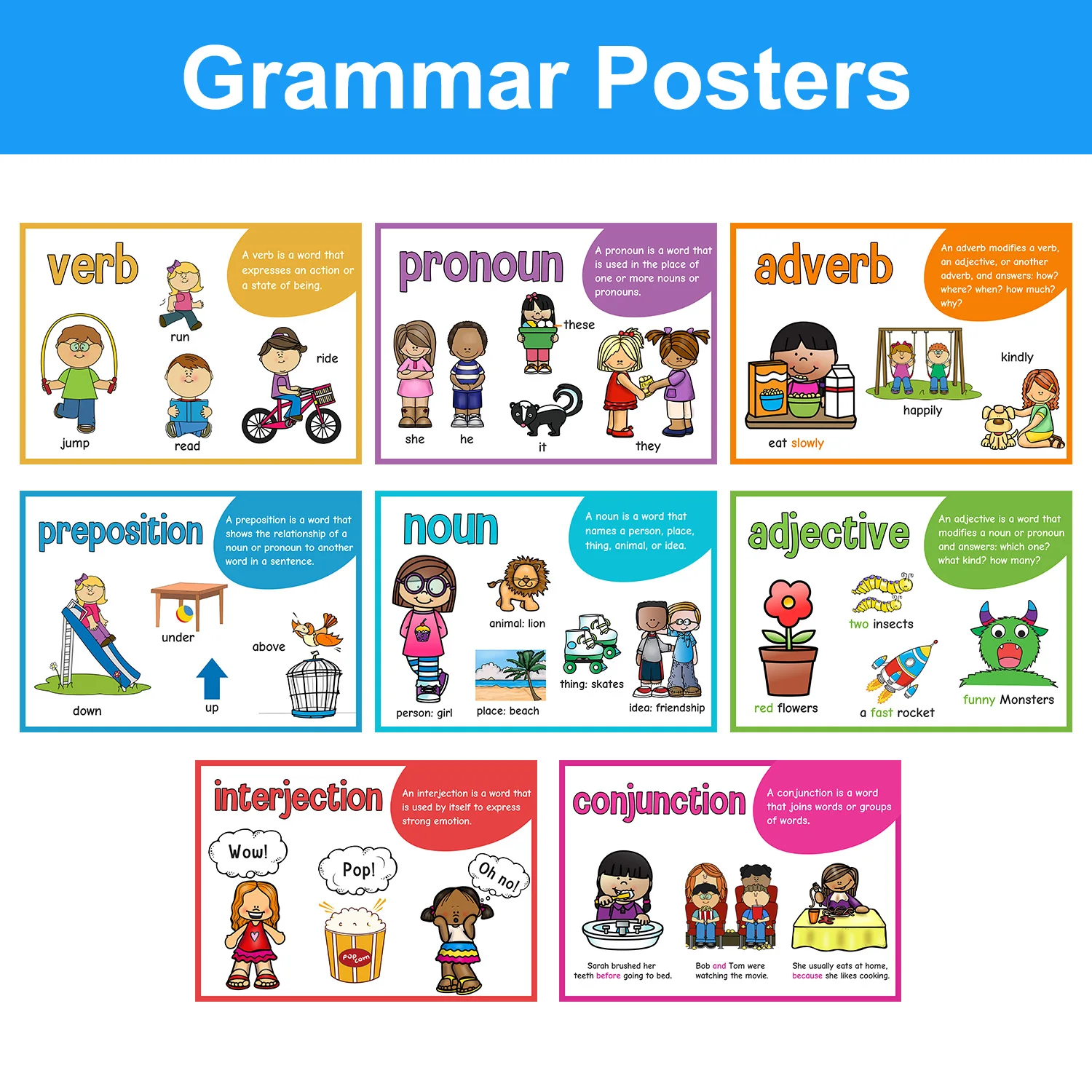 

8PCS/Set Parts of speech Grammar Poster English Language Arts Teaching Aids Homeschool Supplies Educational Classroom Decor