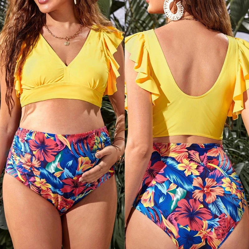 

Maternity Ruffles Two-Pieces Swimsuit 2022 High Waist Floral Bikini Set Premama Swimwear Bathing Suit Pregnant Beachwear Biquini