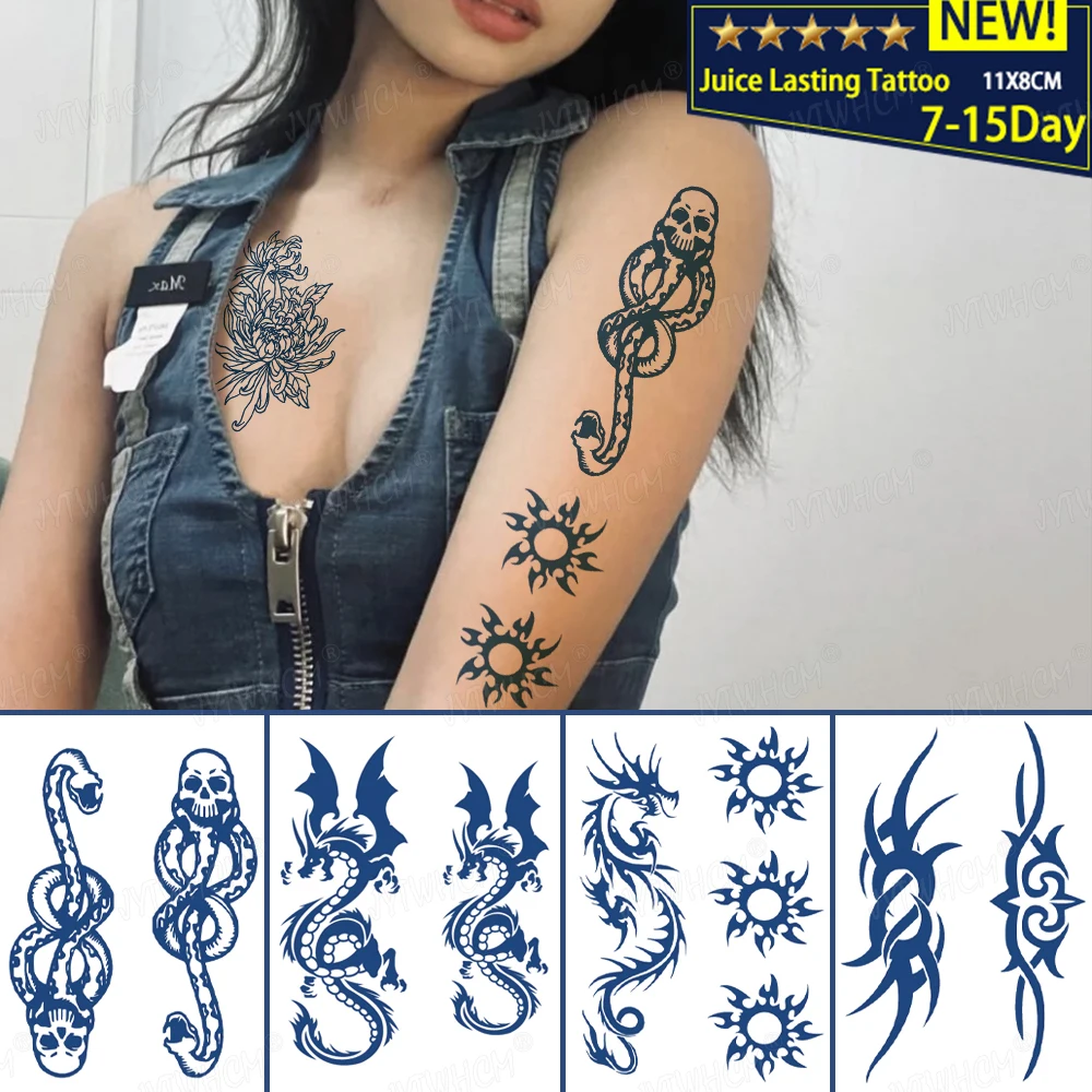 Juice Lasting Waterproof Temporary Tattoo Stickers Skeleton Chrysanthemum Dragon Flash Tattoos Woman Arm Ink Body Art Fake Tatto