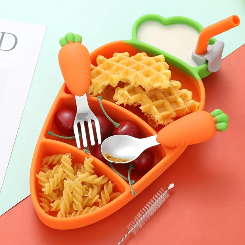 

Children's Silicone Dinner Carrots Plate Cute Carrot Dining Plate Baby Feeding Food Supplement with Stainless Steel Fork Spoon