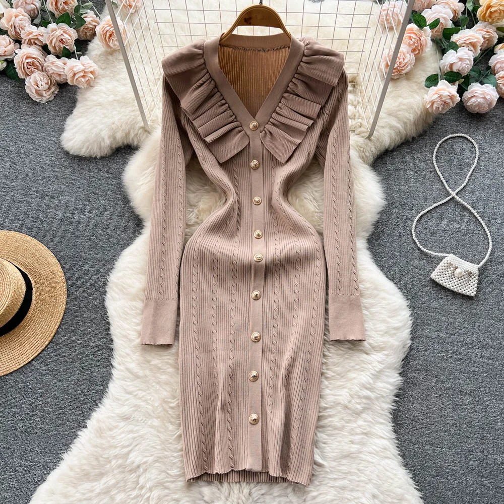 

Sweet Elegant Fashion Lotus Leaf V-neck Dress Autumn Winter Y2k Casual Office Women Wedding Bodycon Knitted Hip Dresses Robe