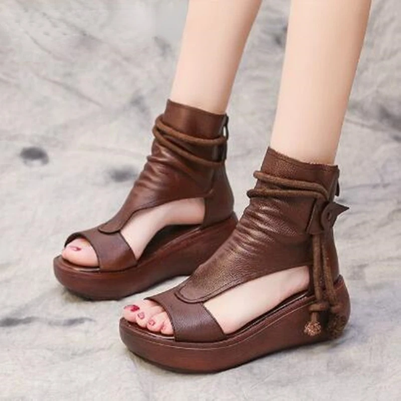 

Soft Leather Wedges Sandals Women Comfortable Summer Shoes Retro 2022 New Roman High-top Platform Mid Heel Gladiator Sandals