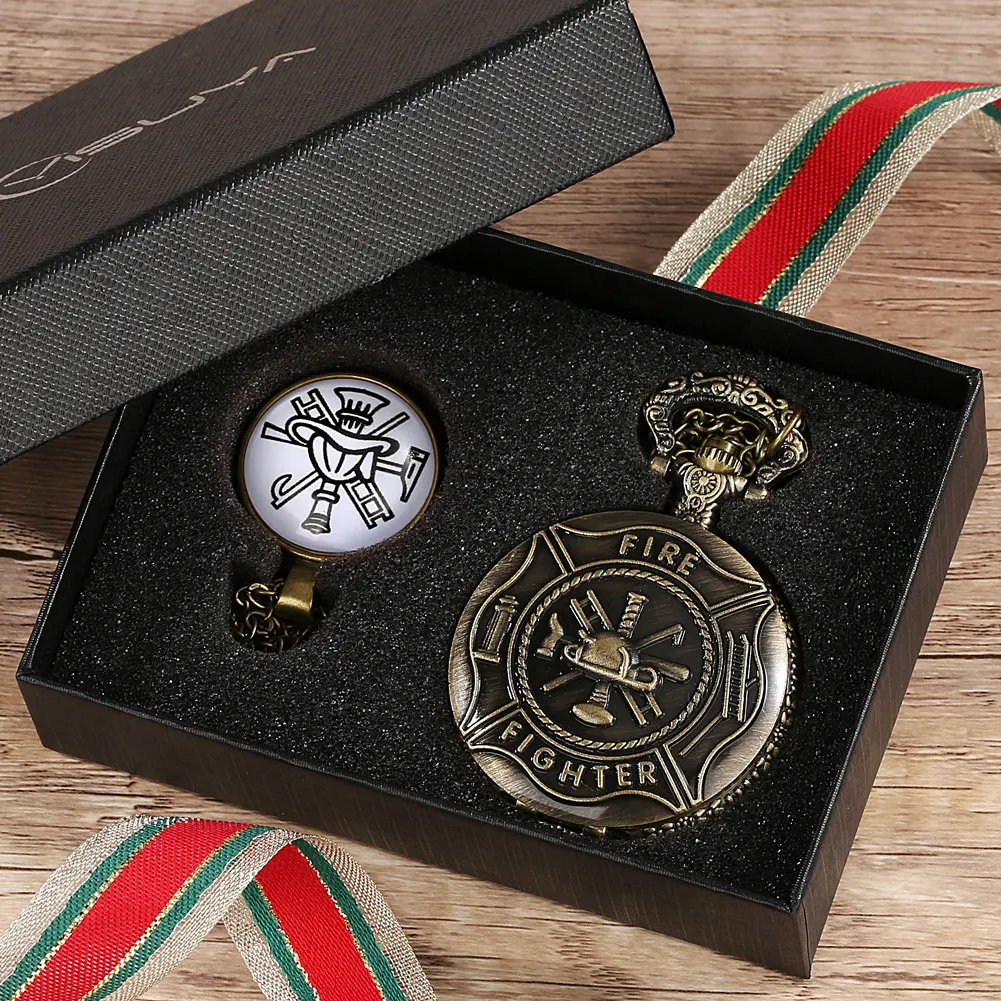 Pocket Watch Sets for Men Fire Logo Engraving Pattern Souvenir Gift for Men Bronze Vintage Pocket Watch with Necklace Pedent