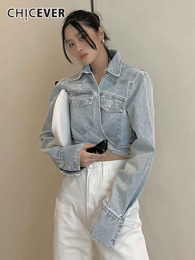 

CHICEVER Patchwork Lace Up Denim Jacket For Women Lapel Long Sleeve Slim Short Jackets Female 2022 Fashion Autumn Clothing Style