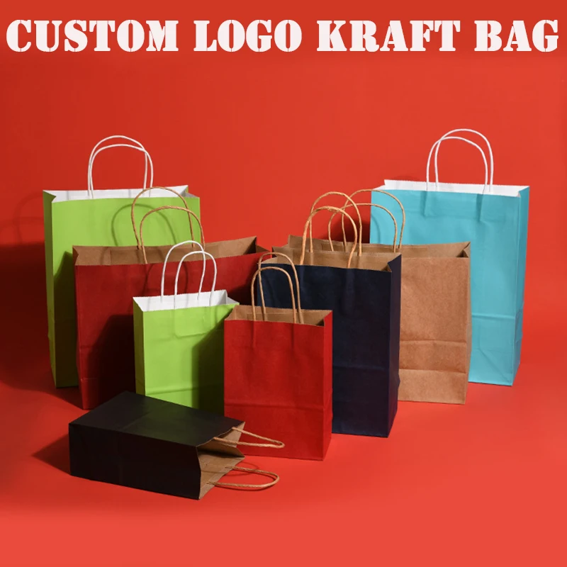 

10 Pcs Free Custom Logo Kraft Bags Gift Paper Packing Bag Packaging Personalization business Shopping Clothes package Bags