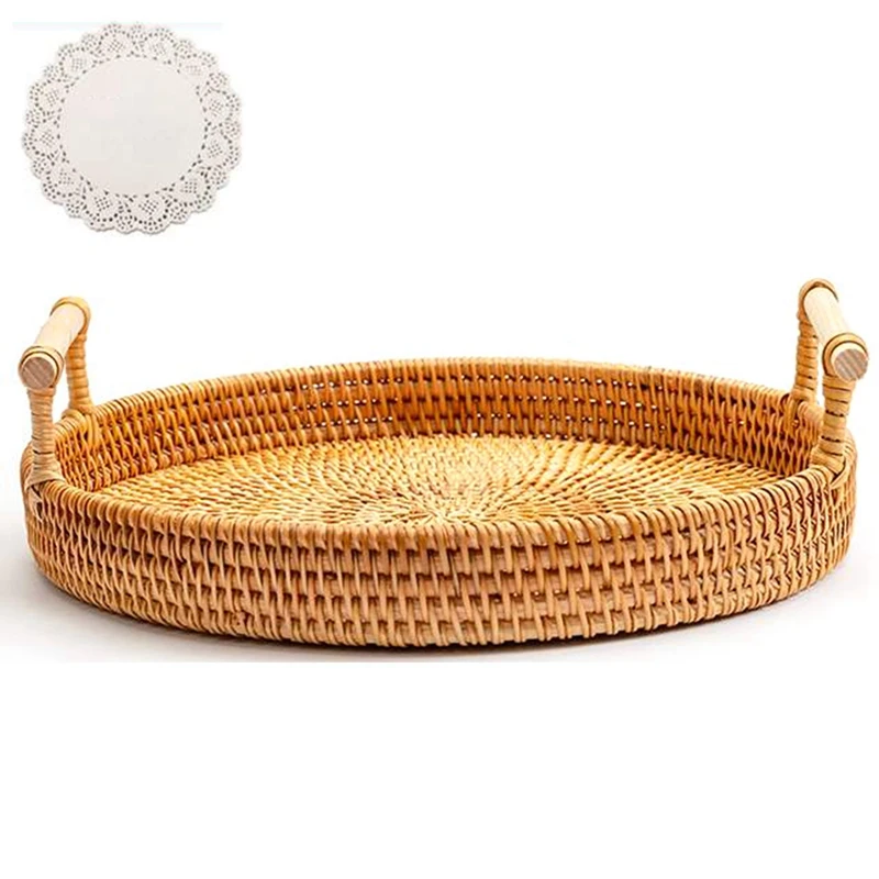 

Multi Function Picnic Tools Handmade Rattan Bread Basket Binaural Snack Plate Fruit Basket Round Tray Paper