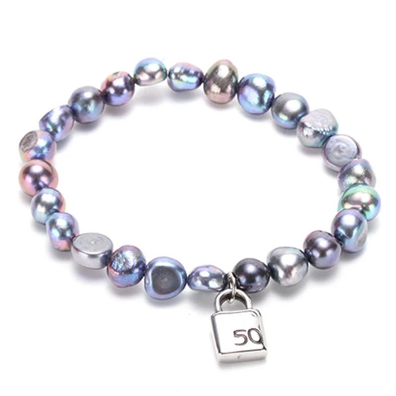

Fashion Real Natural Freshwater Baroque Pearl Lock Charm Bracelets & Bangles For Women Silver Beads Key 50 Jewelry Gifts