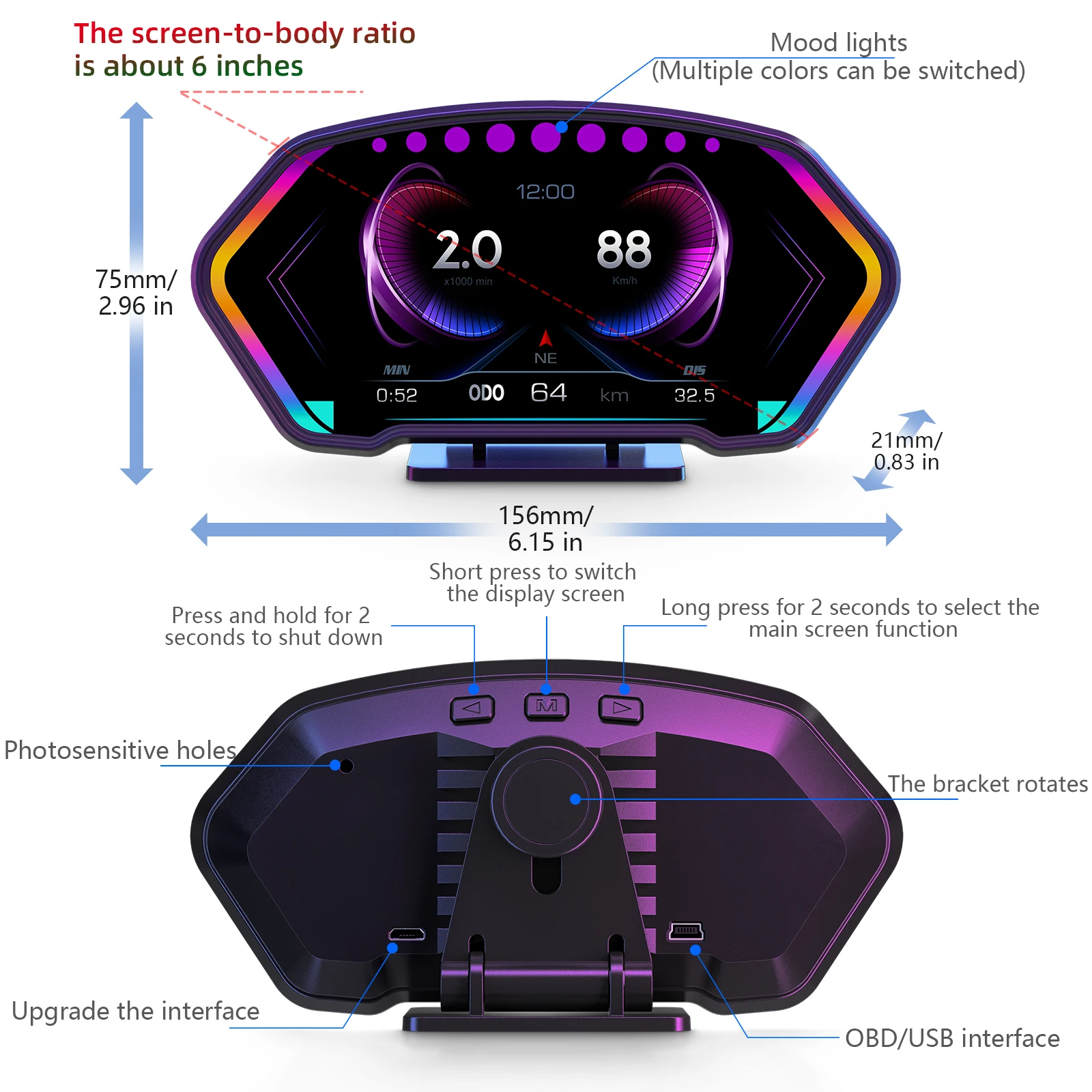 Фото P3 Автомобильный OBD GPS проекционный дисплей (HUD) для измерения скорости, напряжения, температуры воды, уклона, расхода топлива с функцией сигнализации. №2