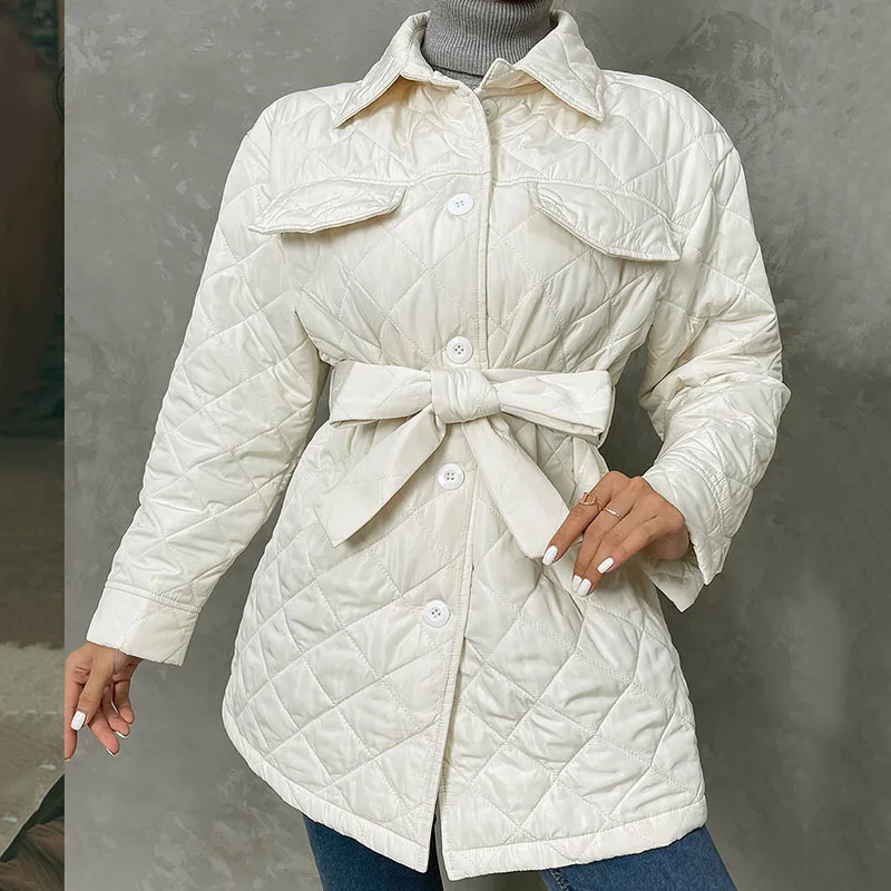 Ardm Casual Button-Up White Winter Jacket Women 2022 Long Sleeve Top Single Breasted With Belt Quilted Coats Cotton Outerwear