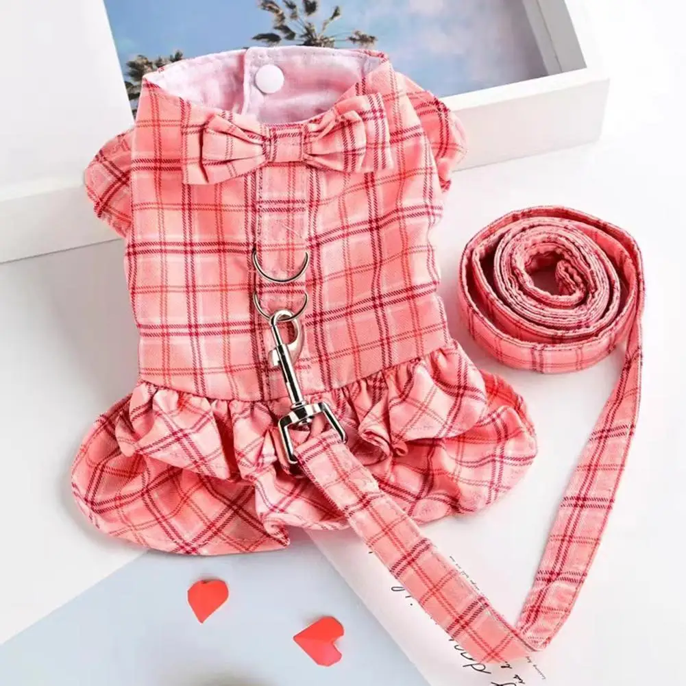 

New Dog Cat Dress Shirt Plaid Bow With Pet Traction Leash Dog Apparel Rope Spring/Summer Pet Clothes Puppy Skirt Skirt R4S3