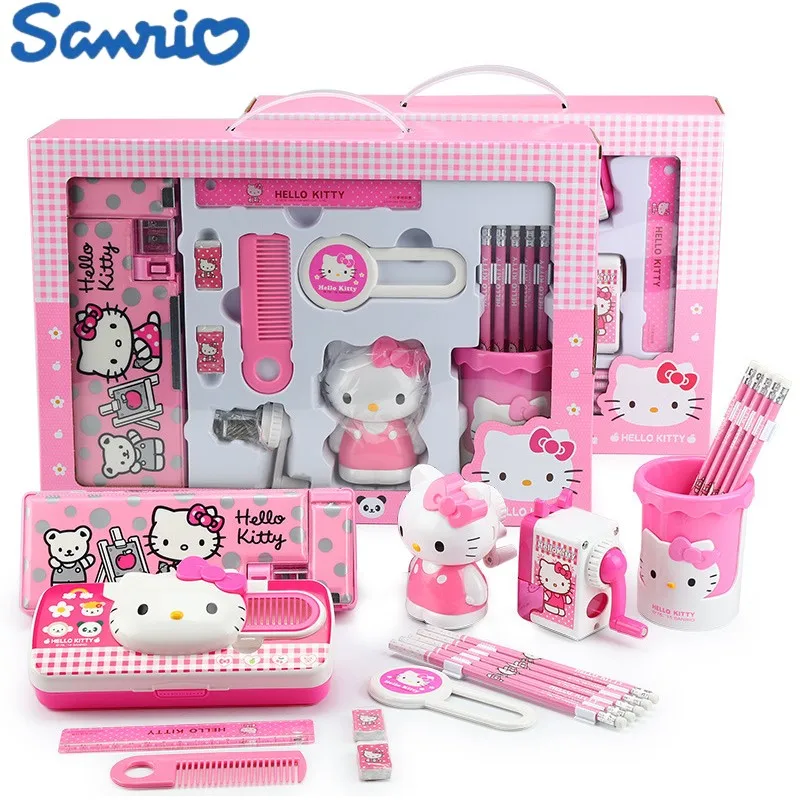 

Stationary Set Kawaii Sanrio Hello Kitty Anime Figure Pencil Case Pencil Sharpener Pen Holder Ruler Eraser School Supplies Gifts