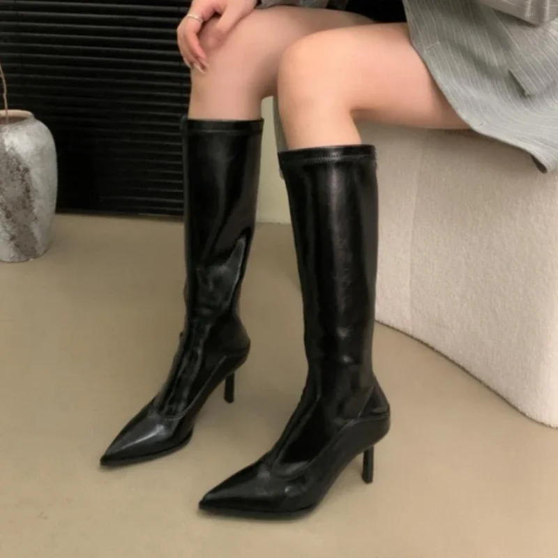 Женские ботфорты с леопардовым принтом Сапоги выше колена острым носком на