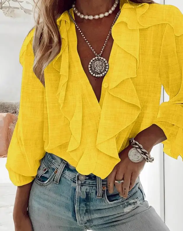 

Ruffle Hem Button Front Blouse Top for Woman 2023 Spring/Summer New Casual Versatile Solid Color V-Neck Long Sleeve Daily Blouse