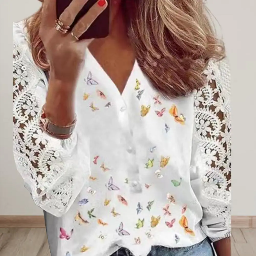 

Women Shirt V-neck Buttons Half Placket Lady Blouse Hollow Out Jacquard Shirt See-through Lace Sleeve Solid Color Shirt Tops