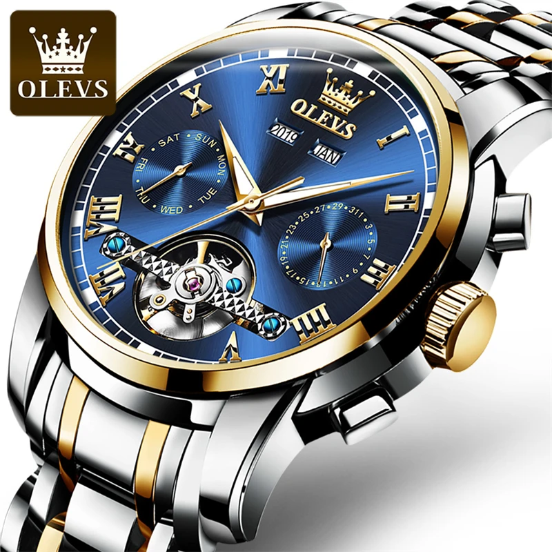 OLEVS Business Mens Automatic Mechanical Watch Luxury Stainless Steel Waterproof Luminous Date Tourbillon Slef-Wind Wrist Watch