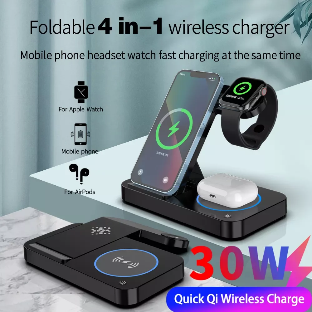 4 in 1 Qi Fast Wireless Charger Stand For iPhone 13 11 12 Watch Foldable Charging Dock Station for Airpods Pro