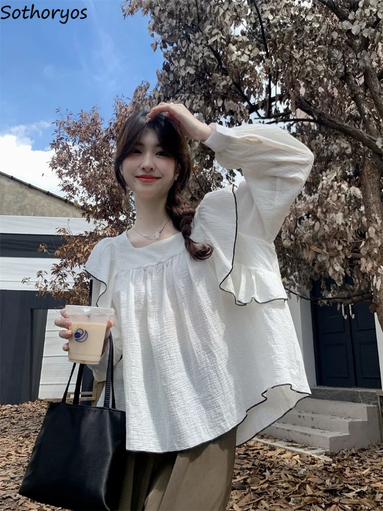

Loose Leisure Blouses Women New Spring Lovely Ruffles Vintage Square Collar French Style Sweet Heart Girls All-match Ins Chic