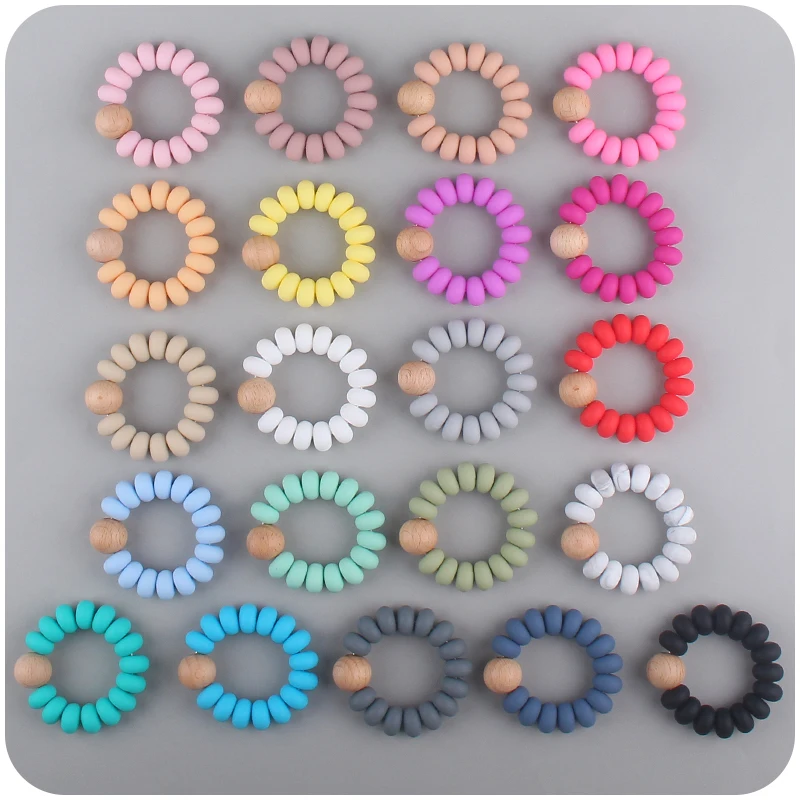 

Round Wooden Teether Bracelet Flat Beads Silicone Newborn Baby Rattle Food Grade Silicone BPA Free Teething Toy