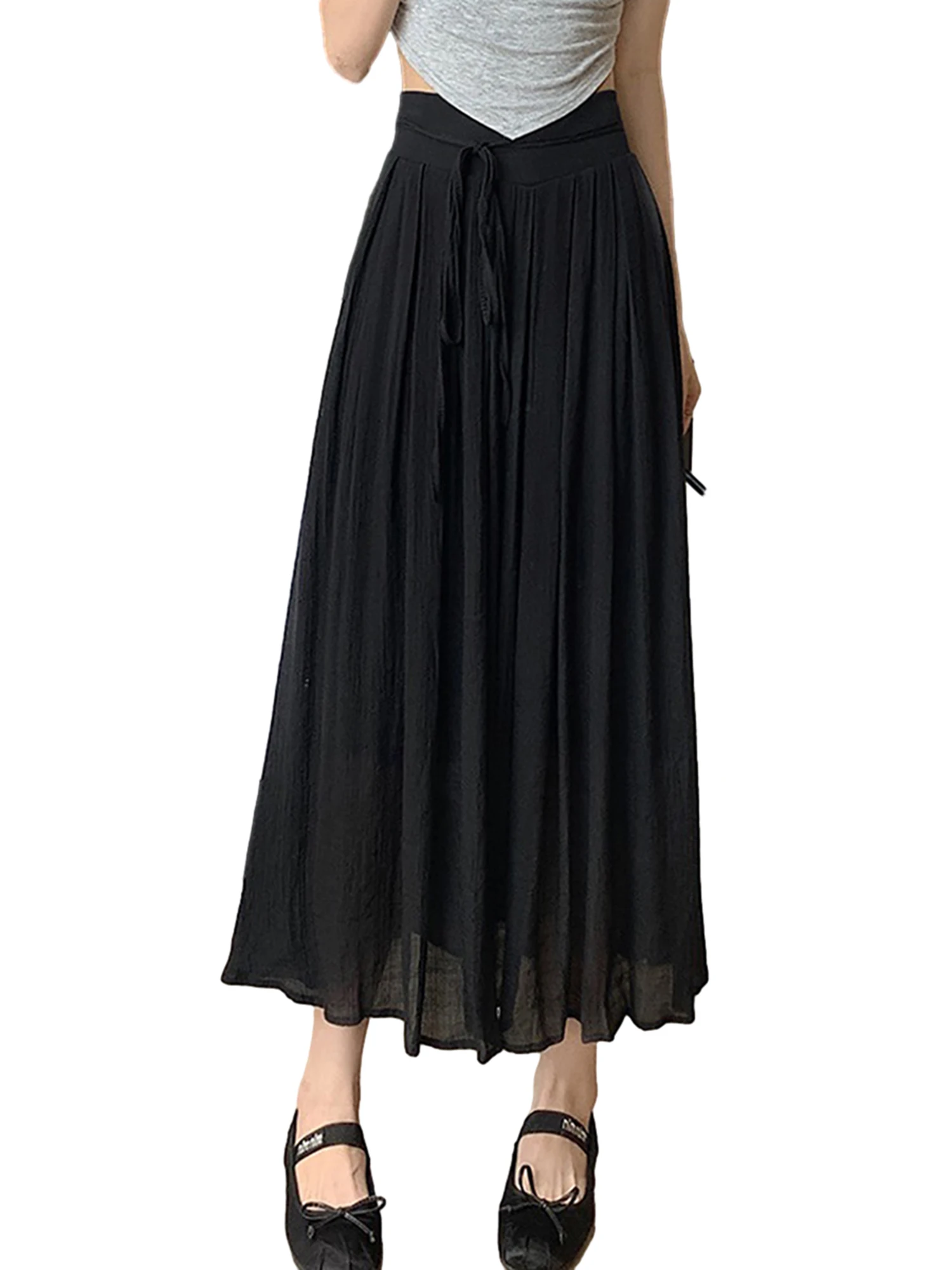 

Stylish Double Layered A-line Midi Skirt with Elastic High Waist and Tie-Up Detail for Women s Spring and Summer Fashion in