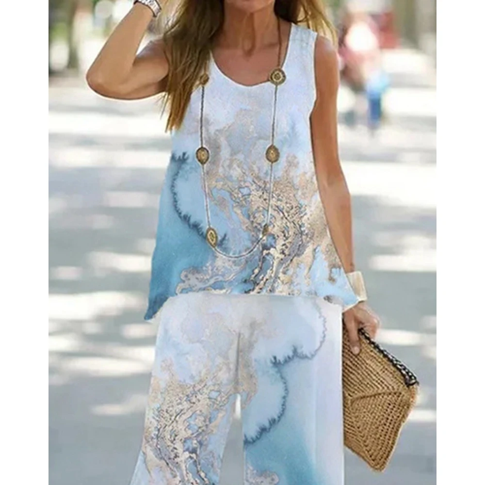 Summer Women Marble Print Round Neck Sleeveless Tank Top & Wide Leg Pants Set Causal Streetwear New In Suit 2023 y2k Clothes