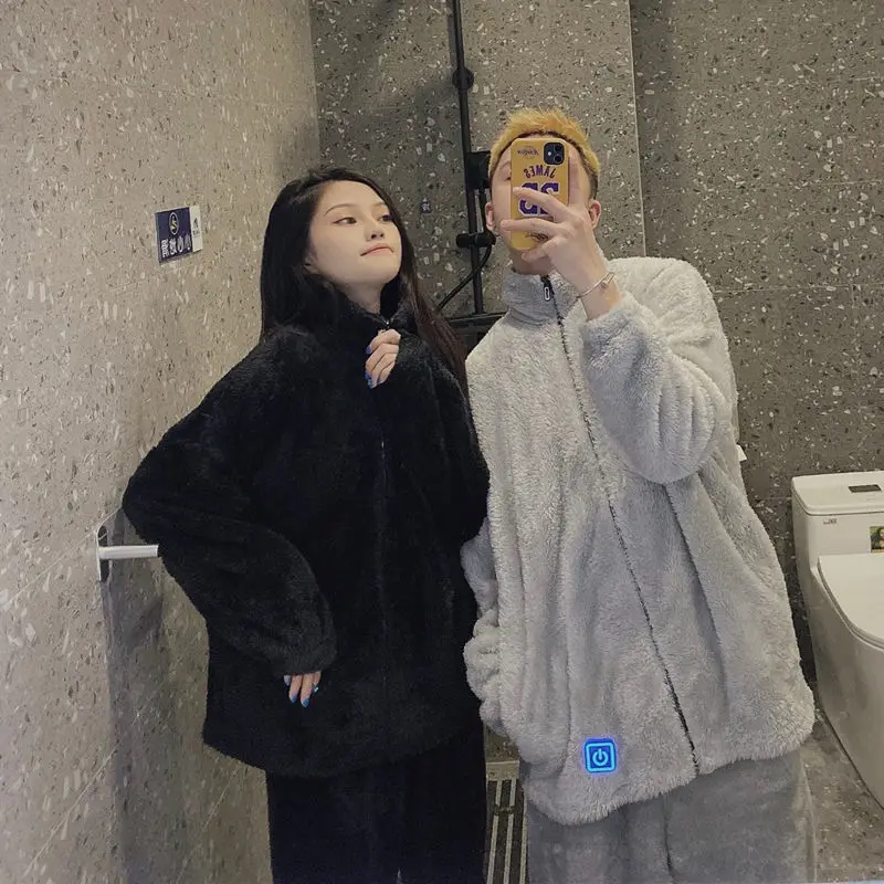 QWEEK Women Winter Pajamas Set Thick Warm Flannel Pijamas Turtleneck Black Gray Solid Color Zipper Pyjamas Couples Homewear Cute