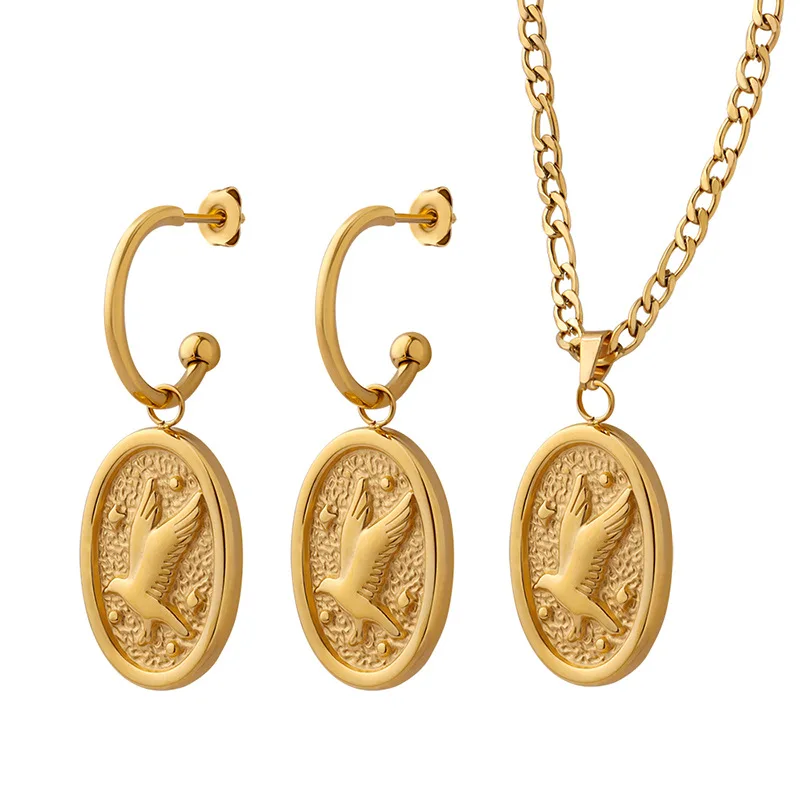 

Eagle Oval Necklace Earring Set Simple Fashion Accessories 316L Stainless Steel Waterproof Jewelry Set Girls Party Accessory