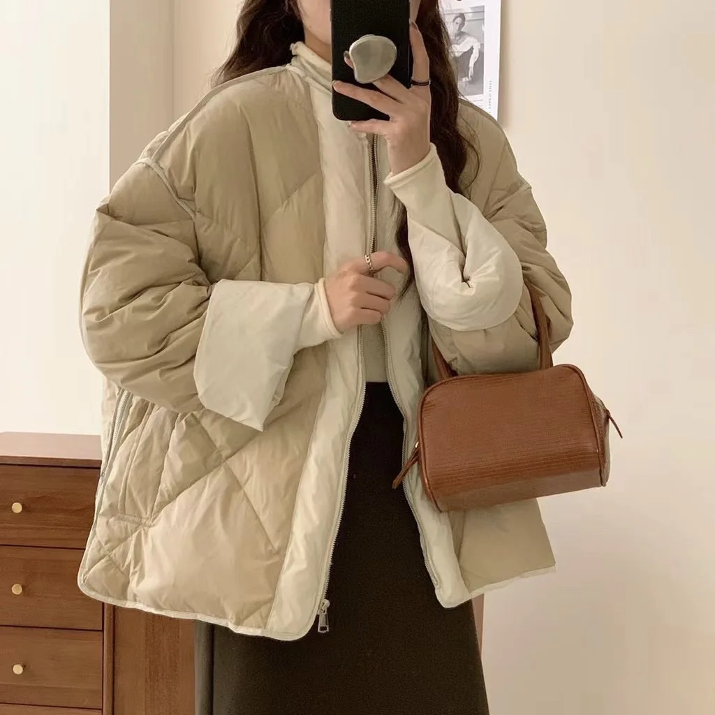 Collision Stitching Rhombus Down Jacket Women's Round Collar Design Sense Short Cotton Jacket White Duck Down Warm Jacket