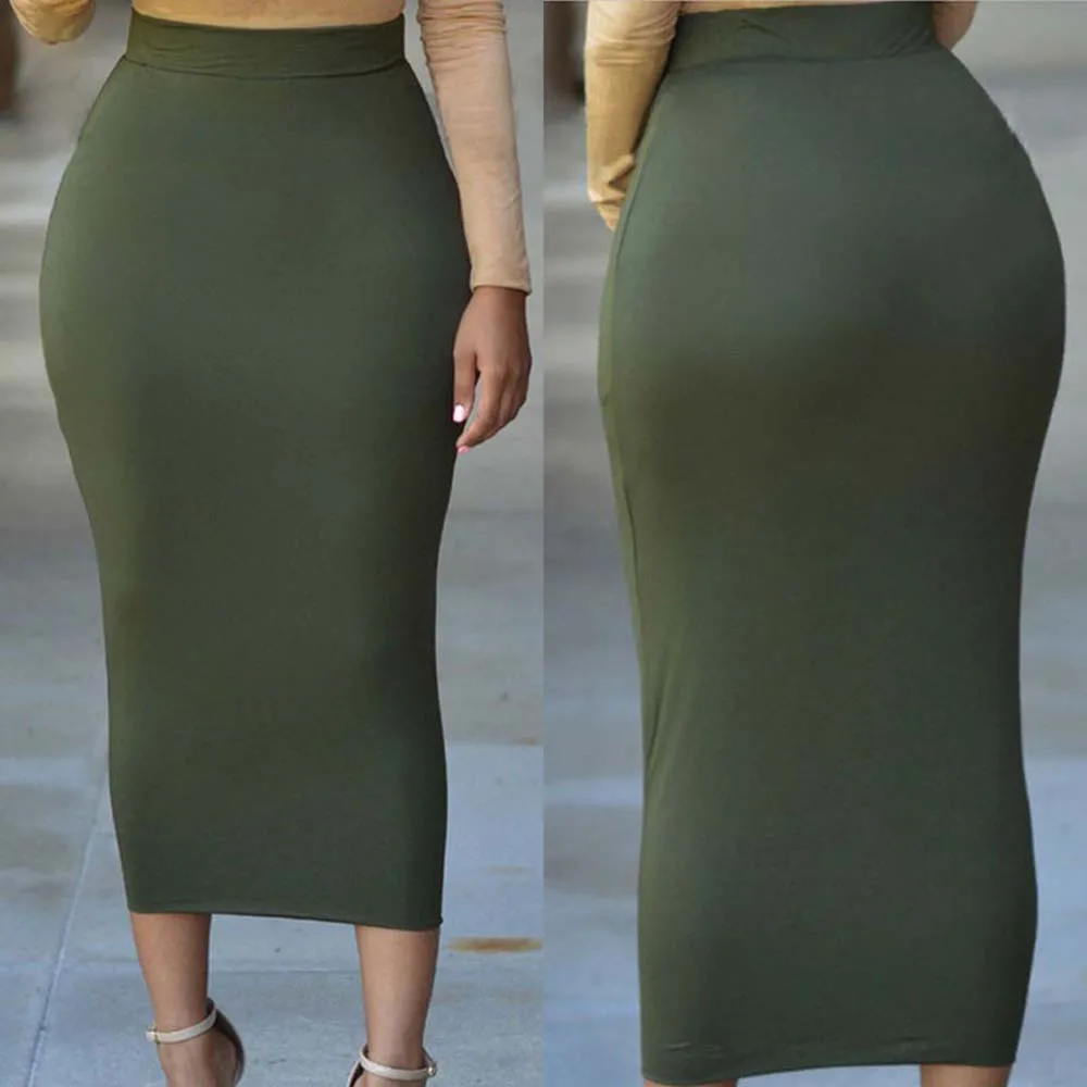 

Midi Skirt Solid Color Elastic Waist Pack Hip Tight Skirt Casual Skirt Office Ladies Bottoms Summer 2022 African New