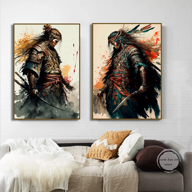 Японские черные и золотые художественные плакаты самурая маска Сакура граффити