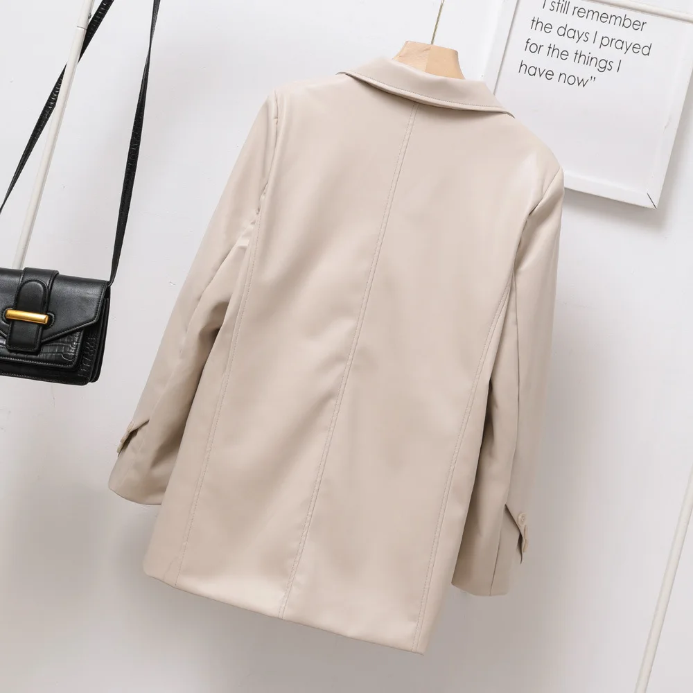 2023 Spring and autumn new design sense leather clothes casual retro chic slimming women's mid-length suit jacket