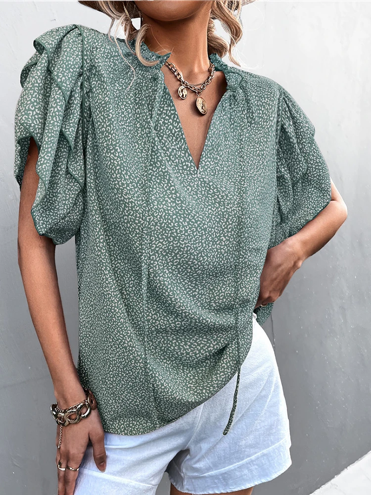 Elegant Blouses Women Chic Printed Ruffles Sleeve V-neck Lace Up Top Ladies Holiday Korean Style Casual Sweet New Blusas Mujer