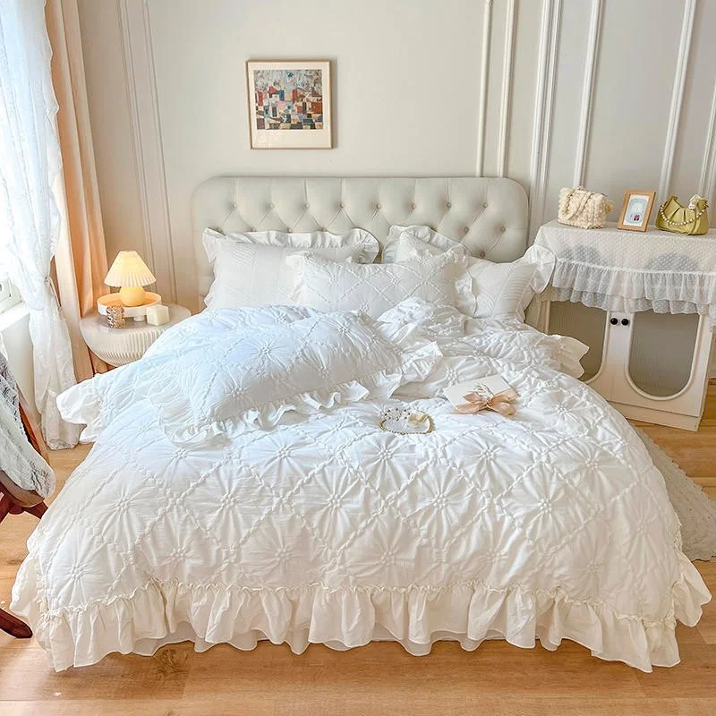 

4/6Pcs Pinch Pleated Textured Duvet set 100%Washed Cotton Pintuck White Comforter Cover 160X200cm Bedskirt Pillow Shams