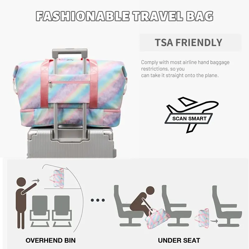 Gym Bag Women Travel Duffel Bag,40L Waterproof Weekender Overnight Bags with Wet Pocket & Shoes Compartment for Sports Travel We