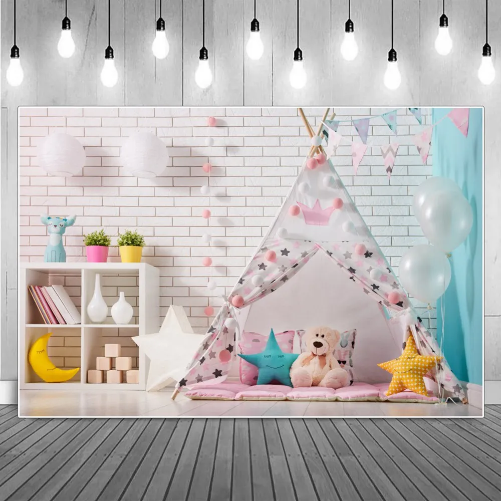 

White Brick Wooden Floor Tent Kids Photography Backgrounds Balloons Star Bohemian Style Backdrops Photographic Portrait Props