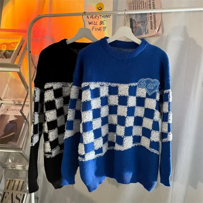 

2023 New Klein Blue Sweater Men Women Loose Vintage Checkerboard Pattern Jersey Pullover Sweaters