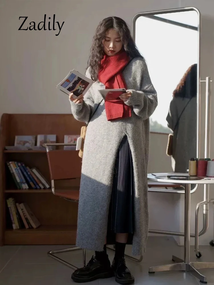 Женский Длинный свитер с длинным рукавом круглым вырезом и разрезом