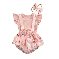 3pcs newborn baby girls outfit solid ribbed ruffle tops suspender shorts bow knot headband infant toddler sets 0 18 months