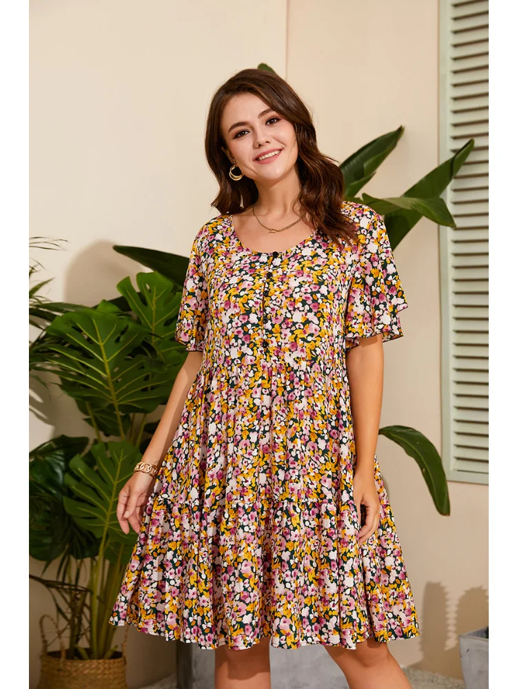 Summer new Mori chiffon dress female waist slim temperament small fresh floral knee-length dress plus size dresses