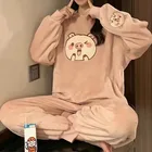 Зимняя Фланелевая пижама, пижама из кораллового флиса, Женский утепленный костюм для домашнего использования с мультяшным рисунком, бархатный зимний пижамный комплект