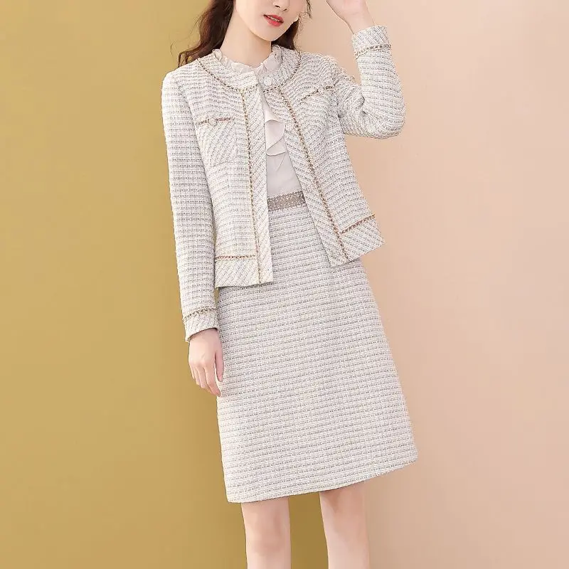 

Fashion Women's Clothing Outfit Female Fashion Long-sleeve Tweed Coat Shirt and Mini Pleated Skirt Ladies Two Piece Suit G514