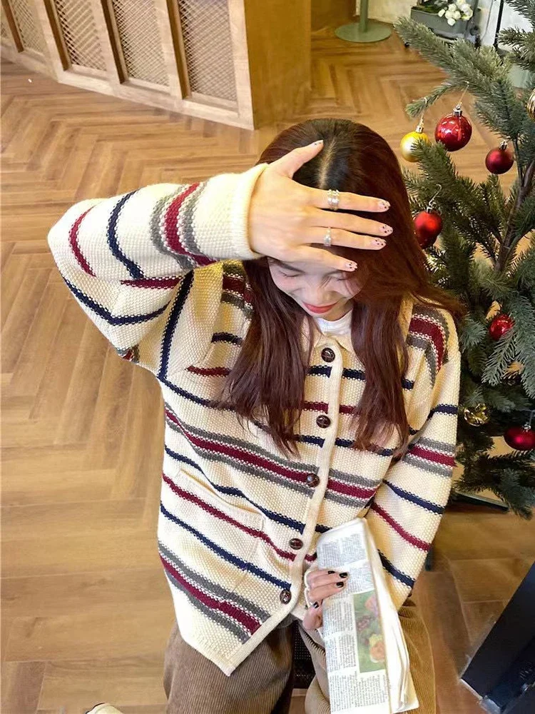 Zoki женский дизайн полосатый кардиган пальто High Street Koren свободный вязаный свитер