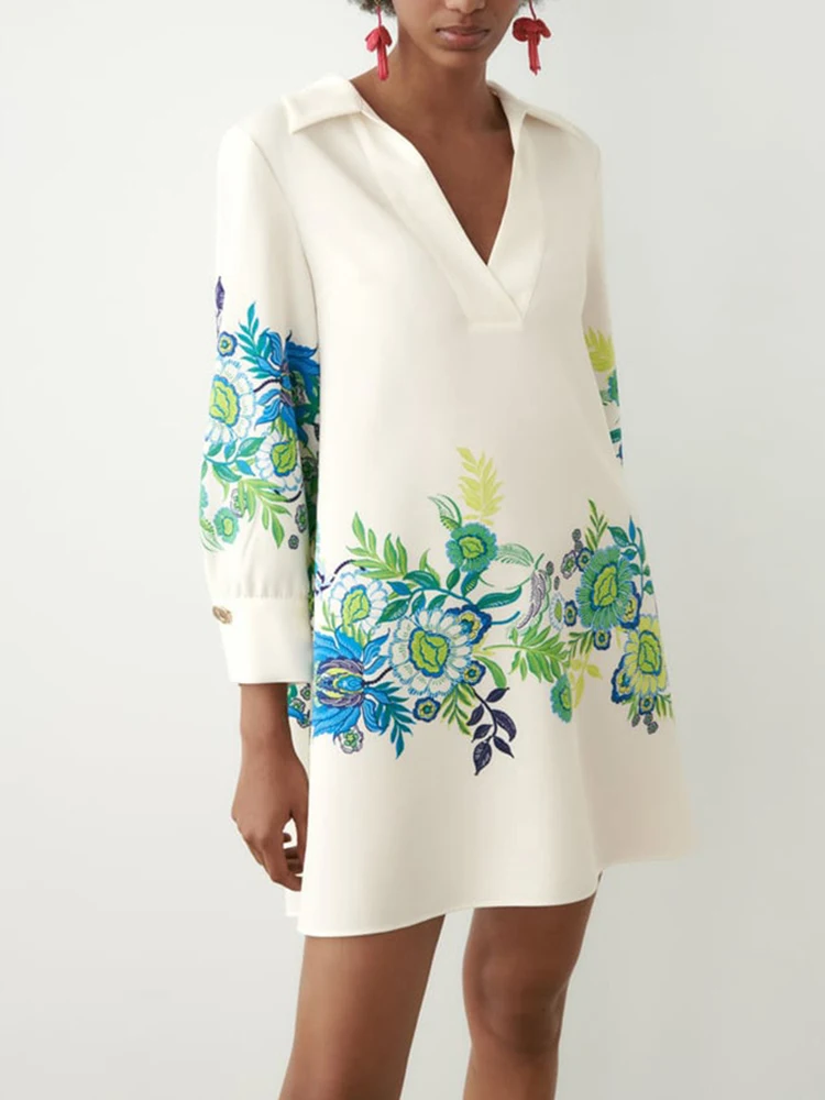 

KBAT White Floral Dress Woman Office Shirt Dress Women Long Sleeve Loose Short Dresses Ladies Summer Collar Casual Female Dress