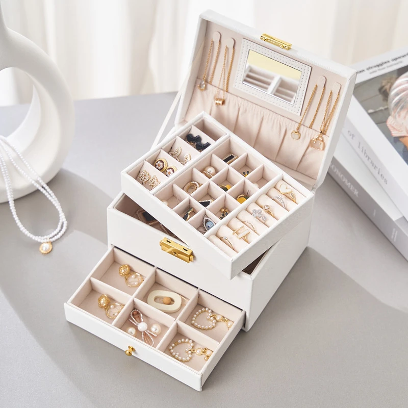 Ailodo PU Leather Jewelry Organizer With Mirror Multilayer Necklaces Earrings Rings Bracelets Jewelry Box For Women Girls Gift