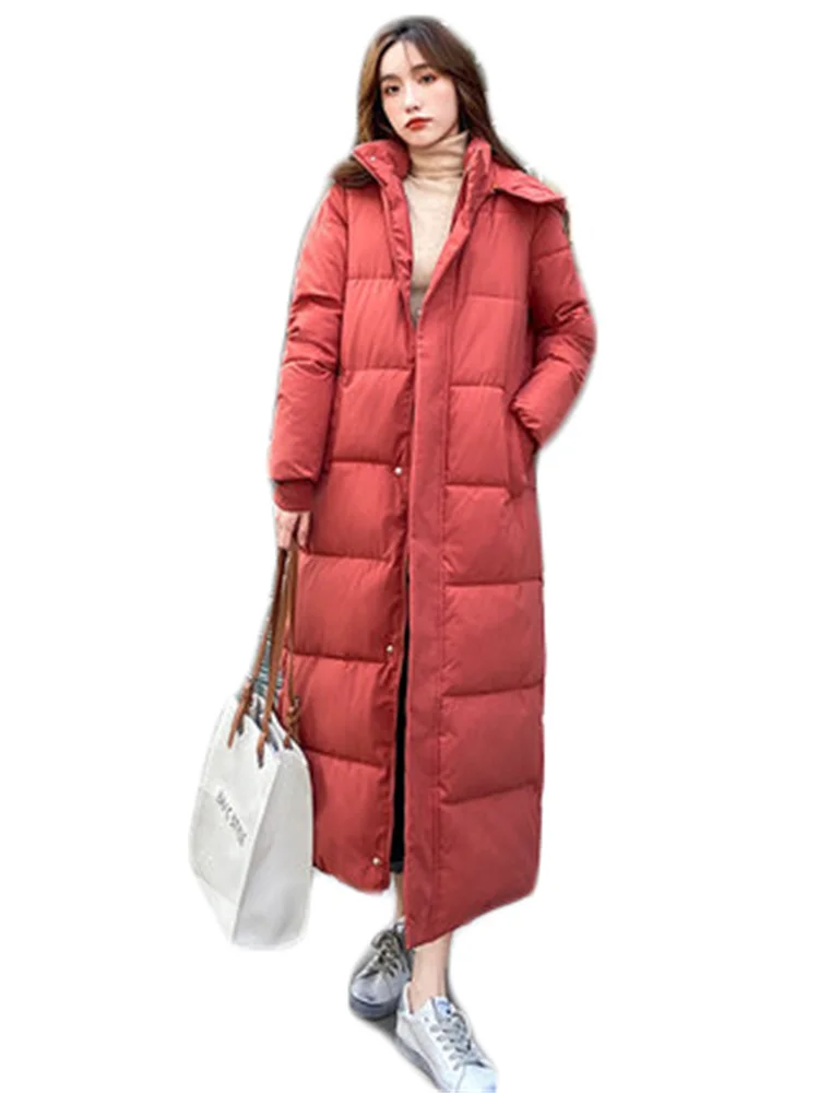 

Thick Down Cotton Coat Women Korean Loose Long Hooded Parka 2022 Winter New Fashion Brick Red Windproof Warmth Clothing Feminina