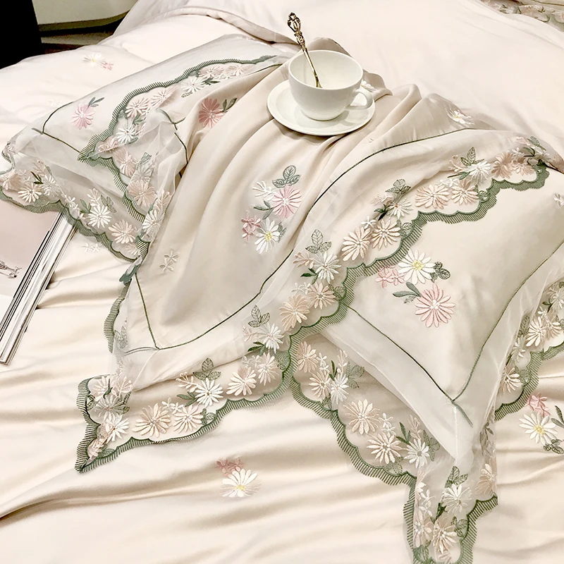 

Top Grade 80s Tencel White Bedding Set Lace Embroider Sheet WomenBed Sheet Quilt Cover Duvet Cover Pillowcase Queen King Bed Set