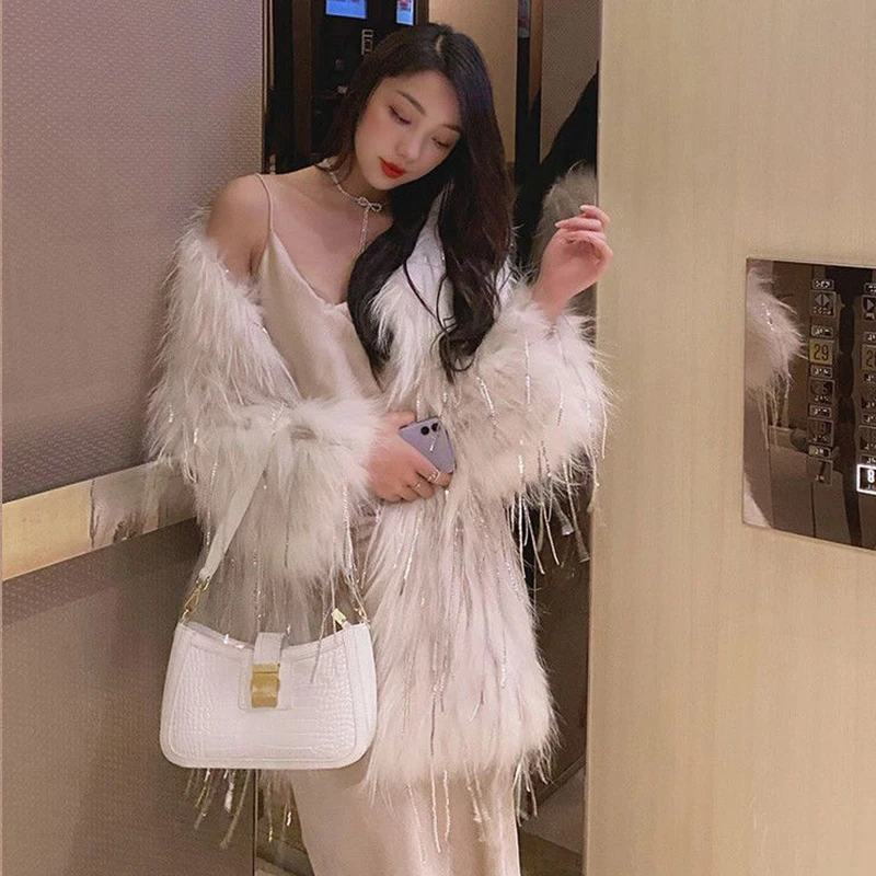 2022 Fashion Tassel Dequins Fox Fur Coat Women Winter Warm Luxury Fur Jacket Plus Size Outwear Female Elegant Party