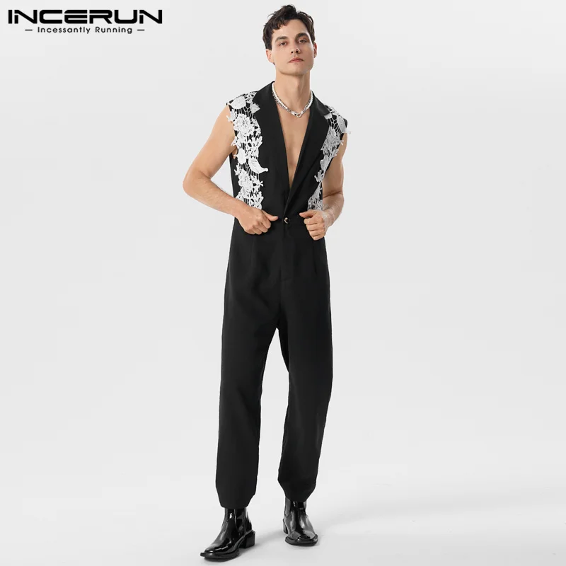 

Стильные хорошо облегающие мужские комбинезоны INCERUN, декоративный комбинезон с аппликацией, повседневные красивые мужские комбинезоны с V-...