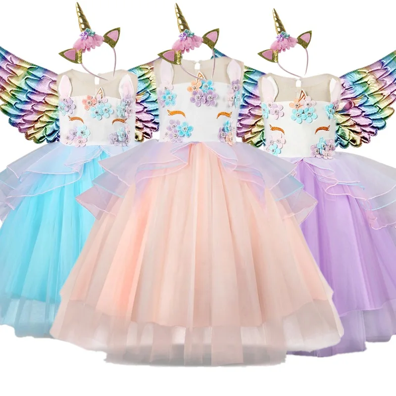 

Платье с единорогом для девочек, бальное платье с цветочной аппликацией и вышивкой, костюм принцессы на день рождения, платье на Хэллоуин, карнавал, Радужное платье